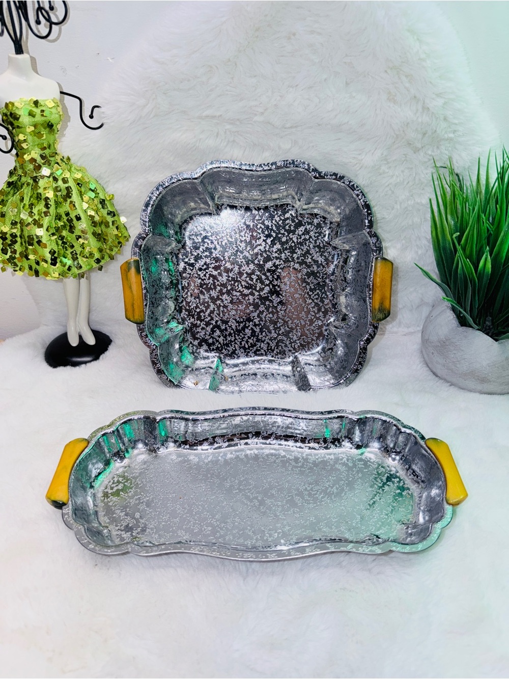 2 Vintage Unique Chrome Trays with Yellow Bakelite Handles MidCentury Modern 🔥